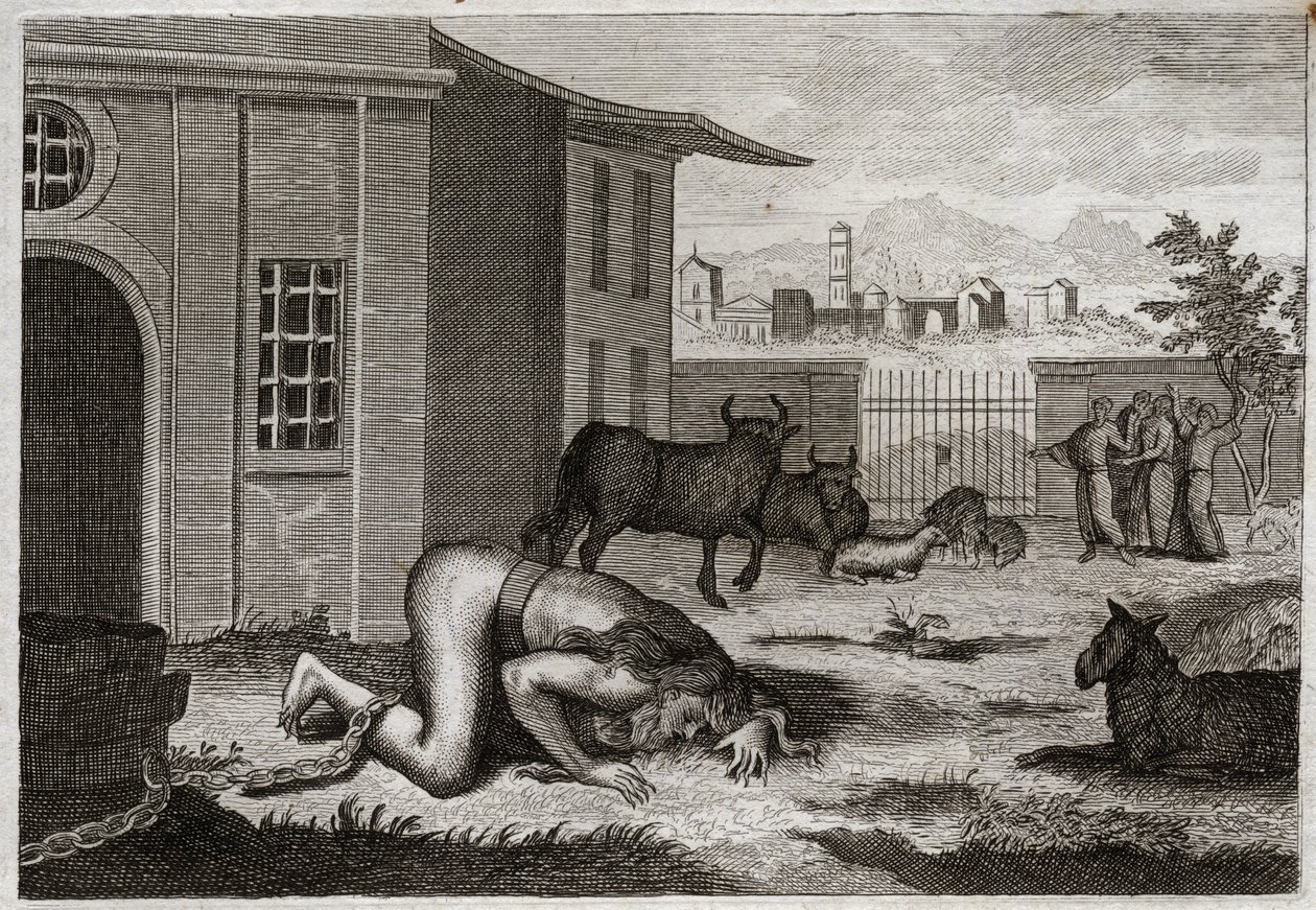 Bible of Royaumont, Old Testament: Nebuchadnezzar changes to beast. King Nebuchadnezzar II by just punishment for his pride is changed into beast. Illustration from 1811 by Unknown artist