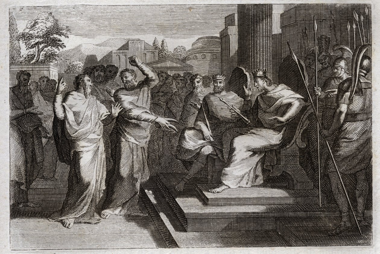 Bible of Royaumont, Old Testament: Piety of Jehoshaphat. Jehoshaphat, the most pious king of Judah, makes all the princes around him tremble, and testifies in various ways his piety toward God, which made him victorious over his enemies. Illustration from  by Unknown artist