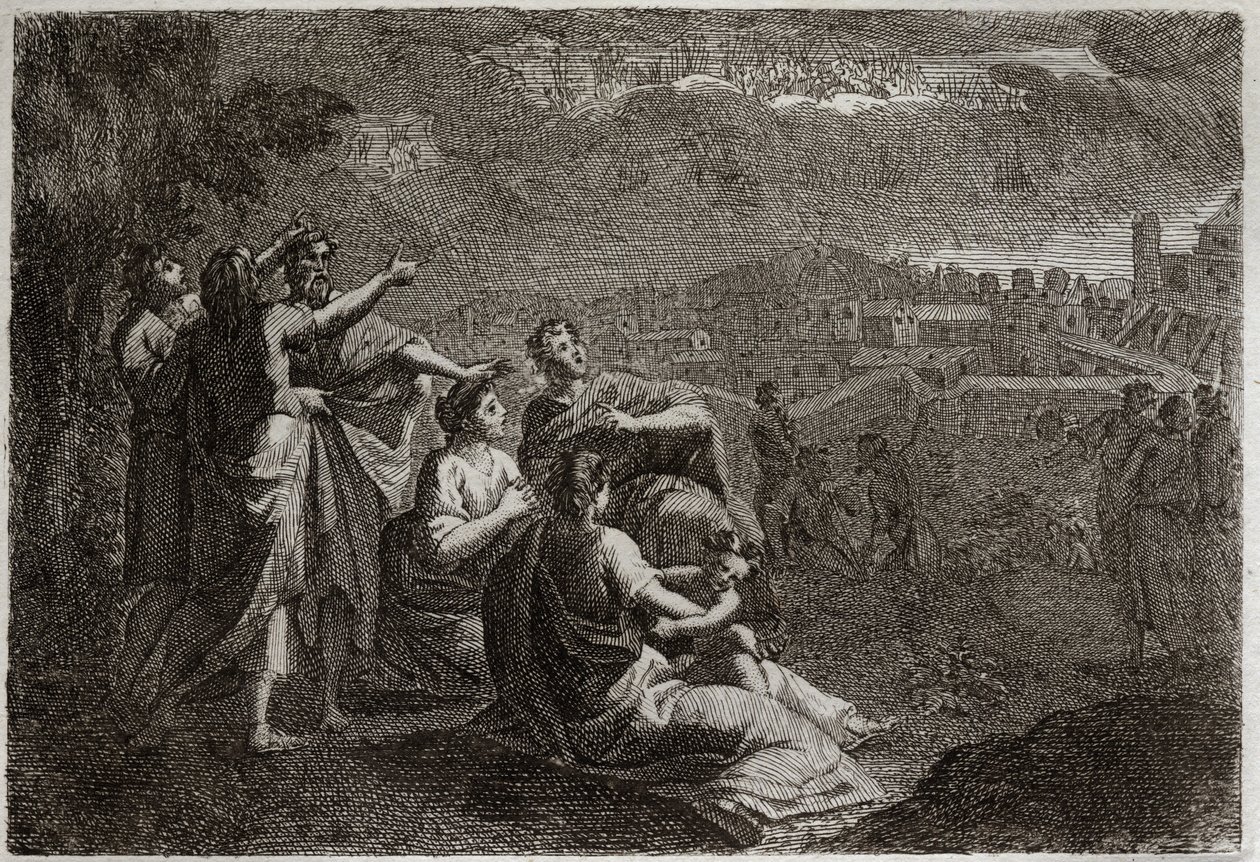 Bible of Royaumont, Old Testament: Predictions on Jerusalem. God has given up arms in the air on Jerusalem, to prey upon her the evils that were to melt upon her. Illustration from 1811. by Unknown artist