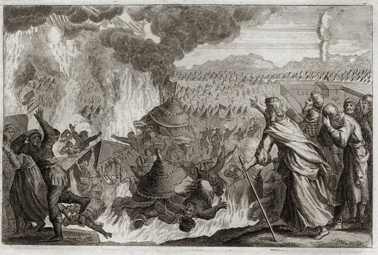 Bible of Royaumont, Old Testament: Punishment of Celestial Fire. Korah, Dathan and Abiram murmuring against Moses, and affecting the ruler Priesthood, are all destroyed alive, and the earth opens to devour them. Episode of the Exodus. Illustration from 181 by Unknown artist
