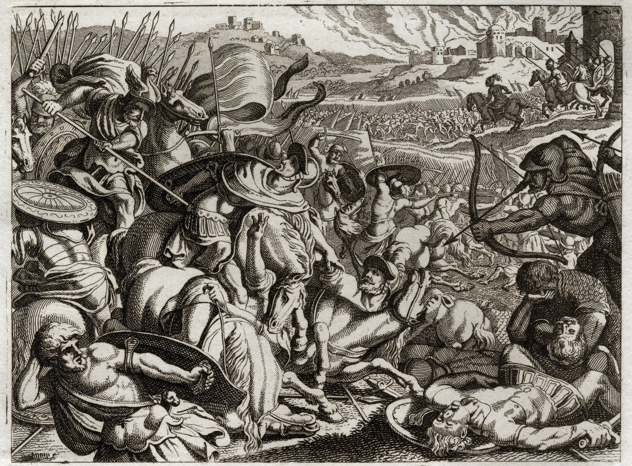 Bible of Royaumont, Old Testament: Punishment of the Benjamites. The tribe of Benjamin is exterminated. Illustration from 1811 by Unknown artist