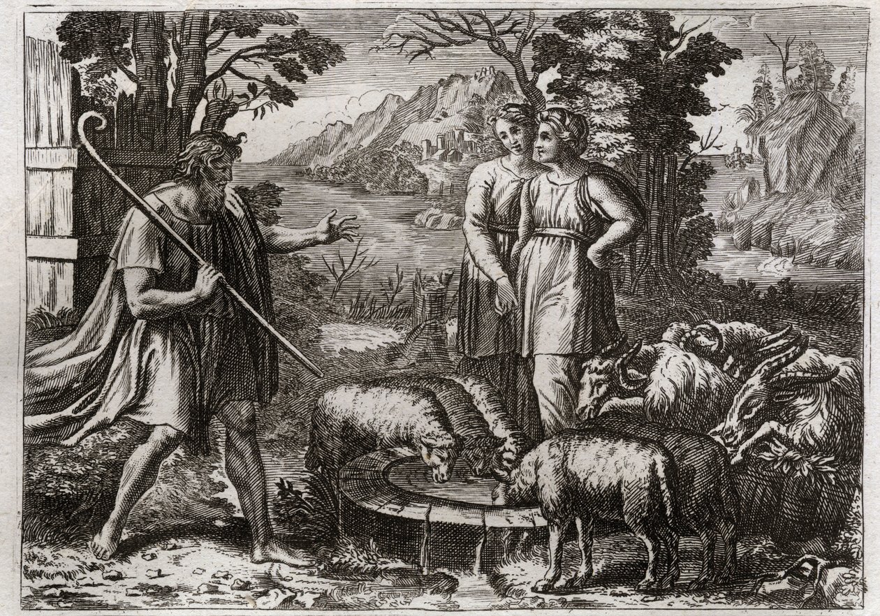 Bible of Royaumont, Old Testament: Rachel and Leah. Jacob serves Laban, his uncle, to marry his daughter Rachel. Illustration from 1811. by Unknown artist