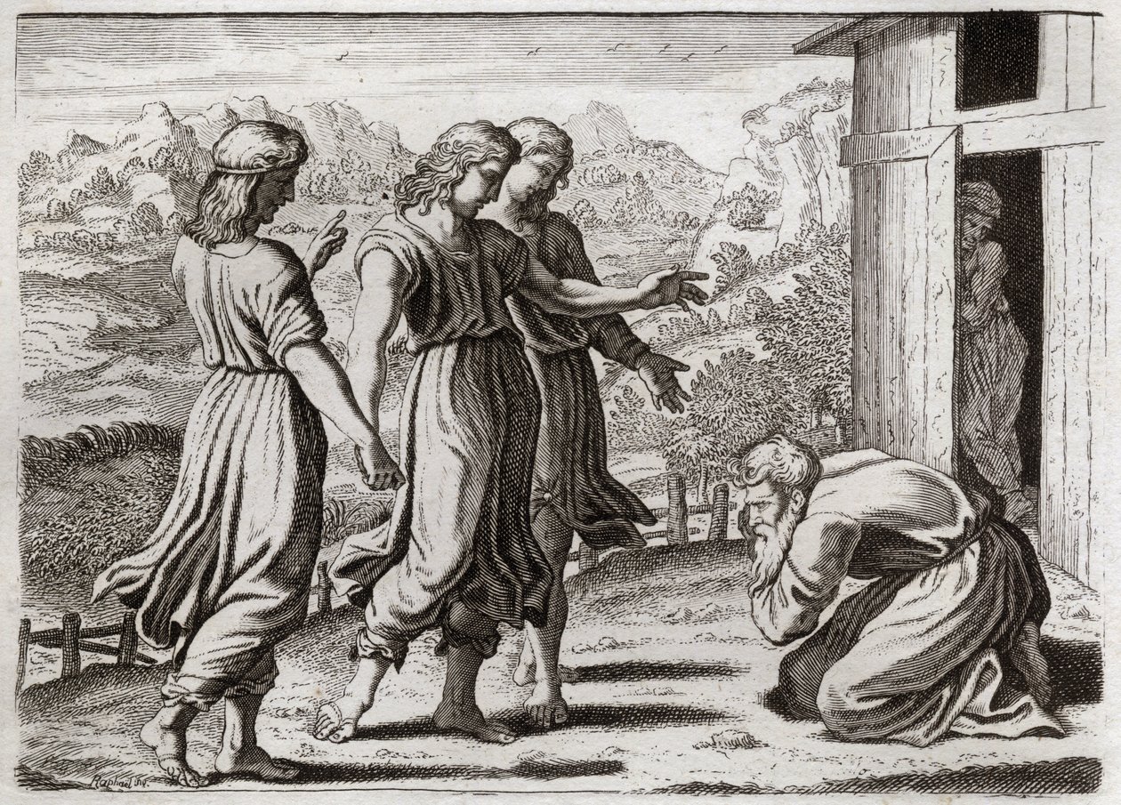 Bible of Royaumont, Old Testament: Sarah Conceives Isaac. Abraham Receives Three Angels Who Promise Sarah a Son. Illustration from 1811 by Unknown artist