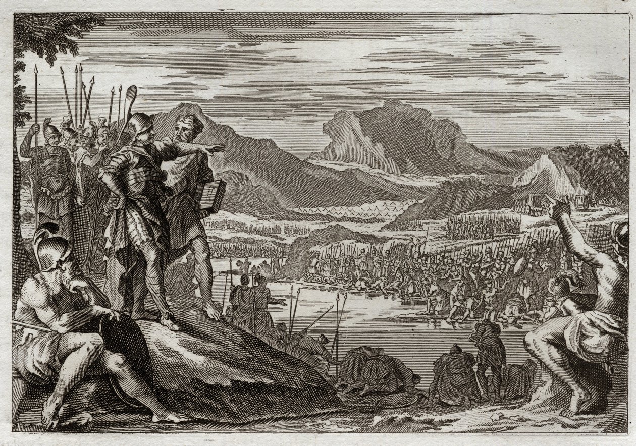 Bible of Royaumont, Old Testament: Soldiers of Gedeon. God commands Gedeon (Gideon) to lead all his troops to the Jordan River, and gives him a mark to discern those whom he was to use to fight against the Midianites. Illustration from 1811 by Unknown artist