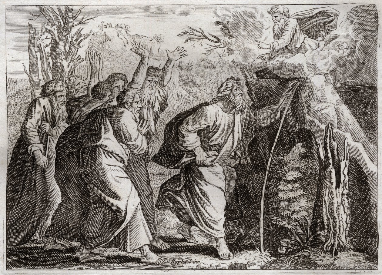 Bible of Royaumont, Old Testament: Water from the Rock. Moses brings water out of the rock, and gives a drink to the people of Israel. Illustration from 1811. by Unknown artist