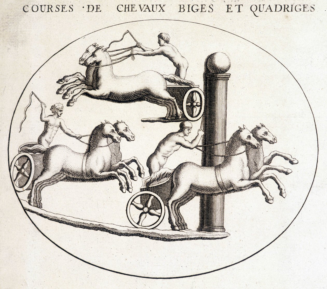 Bigae and quadrigae horse races. 19th century engraving by Unknown artist
