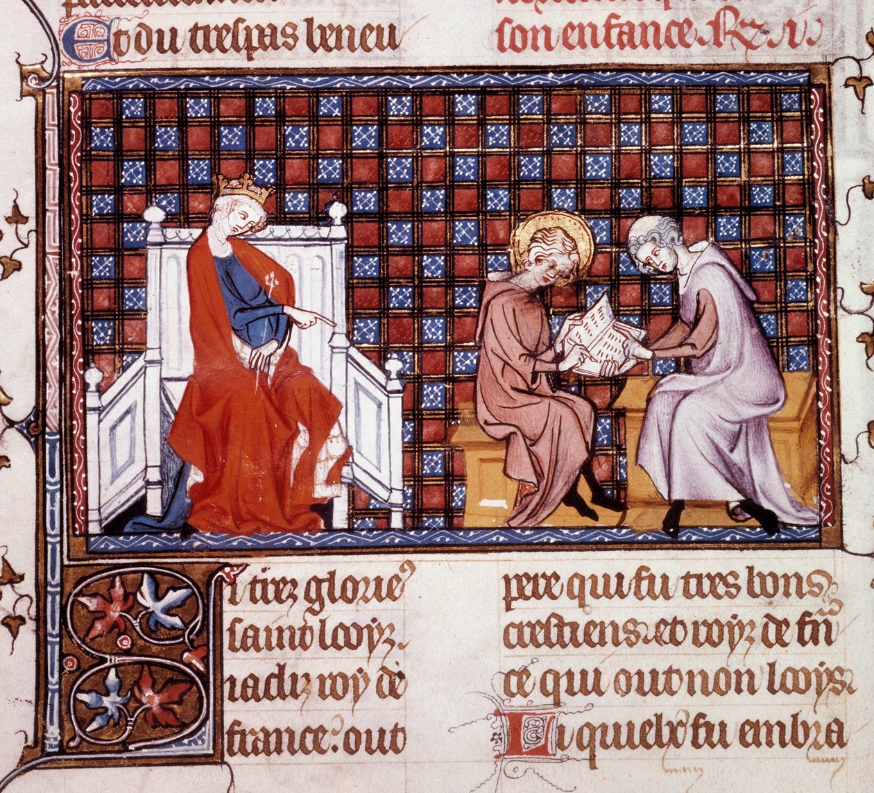 Blanche de Castille, Queen of France, directing the education of her son Louis IX (Saint Louis). Miniature from a manuscript 