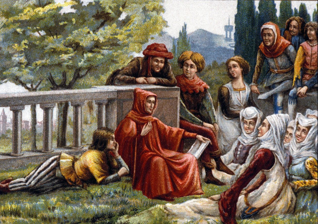 Boccacio reading the Decameron to his friends during the plague epidemic in Florence around 1348. chromolithograph of the late 19th century by Unknown artist