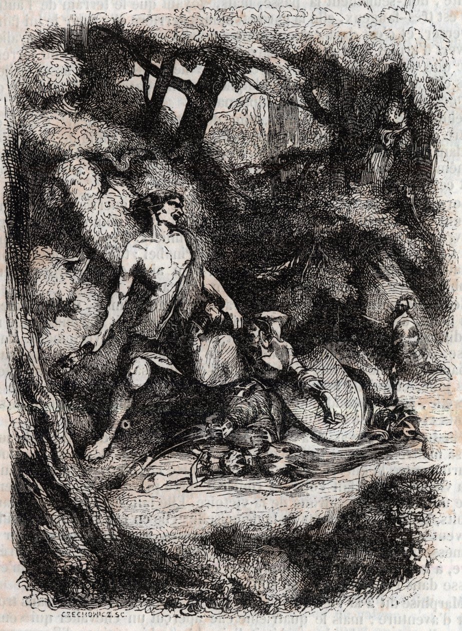 Bradamante defeated by a giant - engraving of 1851 from 