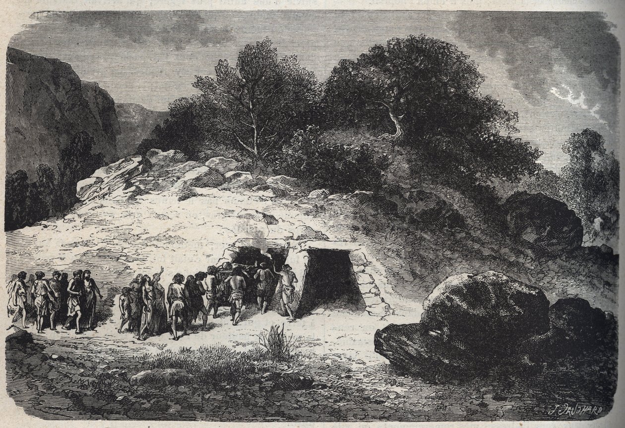 Burial in caves during the Stone Age - engraving by Unknown artist