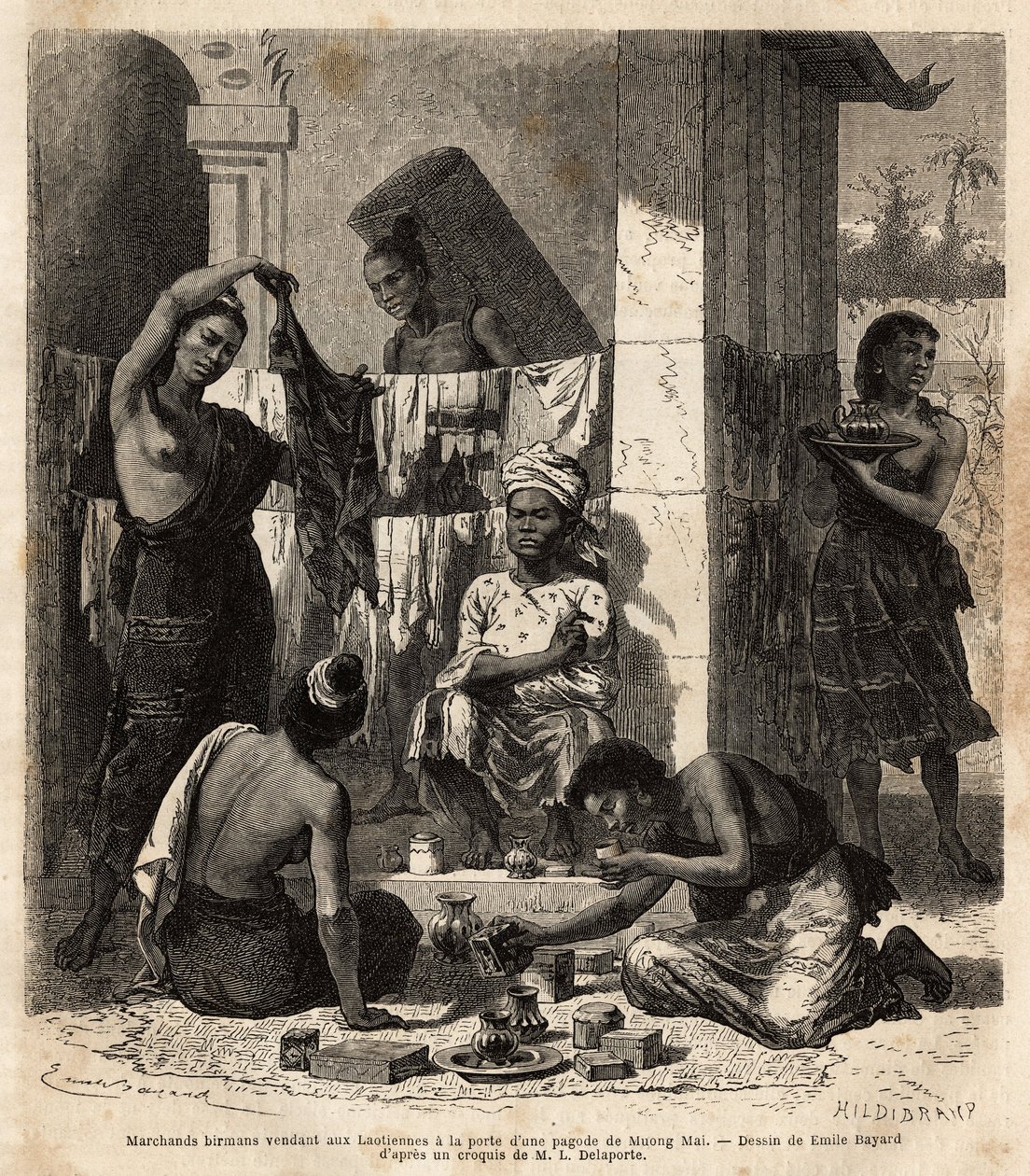 Burmese merchants selling fabrics and perfumes to Laotian women at the door of a pagoda in Muong Mai. Engraving to illustrate the voyage of exploration in Indochina, by Francis Garnier, lieutenant de Vaissseau, in 1866-1868, published in “Le tour du monde” by Unknown artist