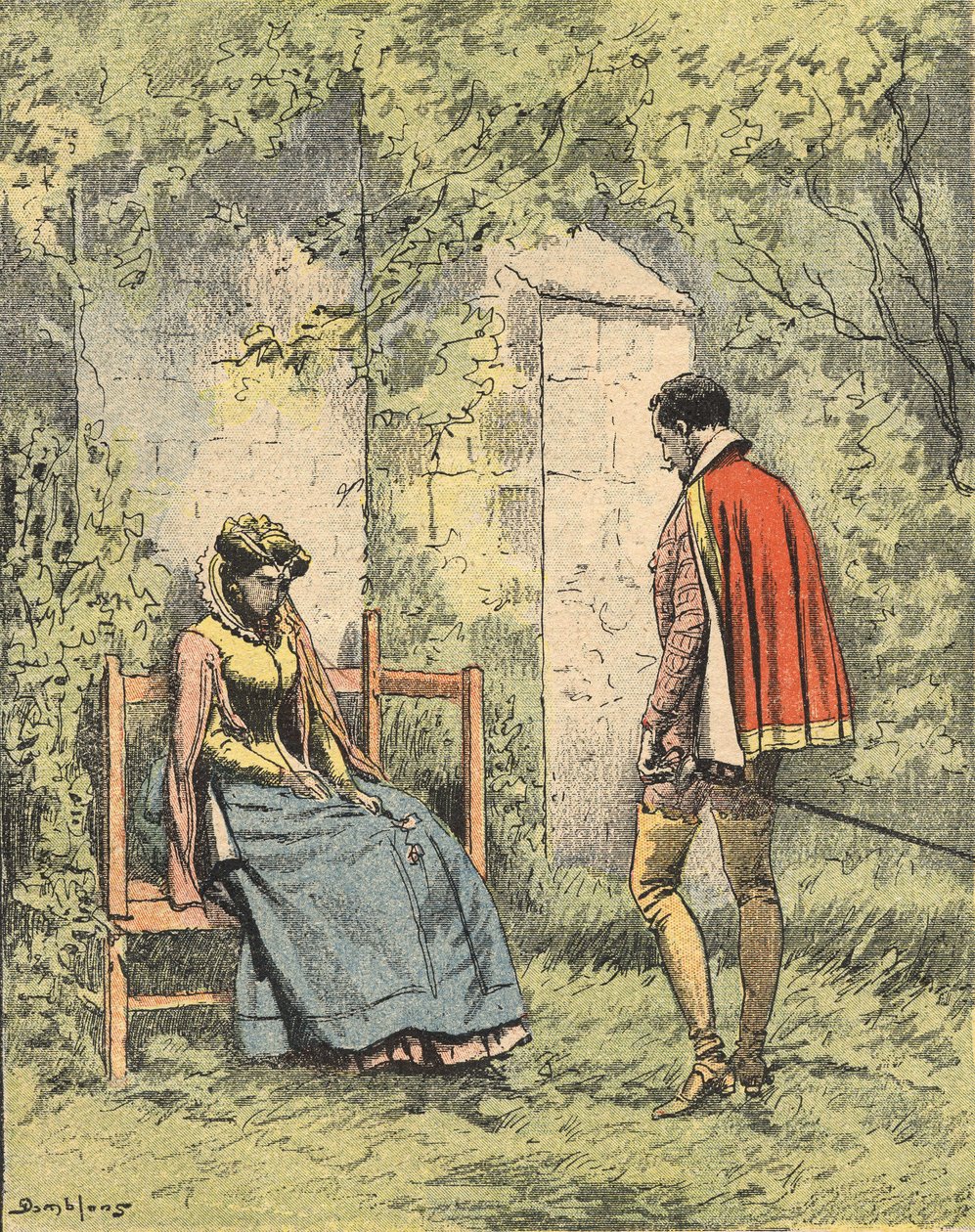 Bussy and Diane, known as Madame de Monsoreau, in the garden ready of the Church. Illustration of the novel “La Dame de Monsoreau” by Alexandre Dumas in the “Journal des novels populaires illustrés” by Unknown artist