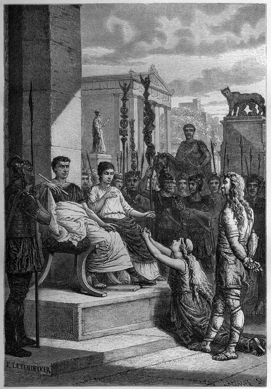 Captivity of Caratacus with his family addresses the Roman Emperor Claudius - Engraving in 