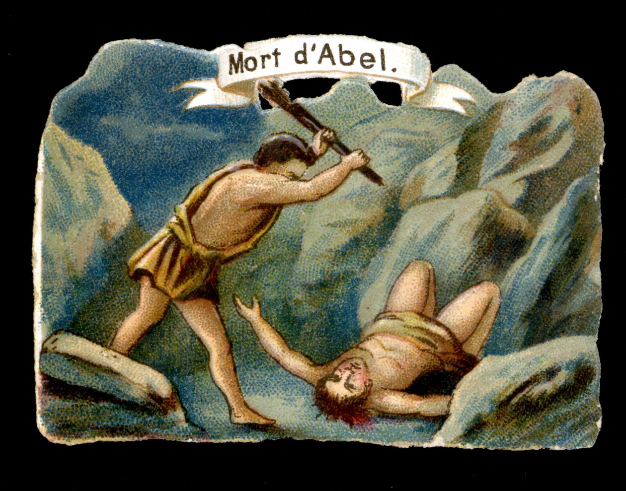 Cain killing his younger brother Abel out of jealousy (Children of Adam and Eve). Chromolithography of the 19th century. by Unknown artist