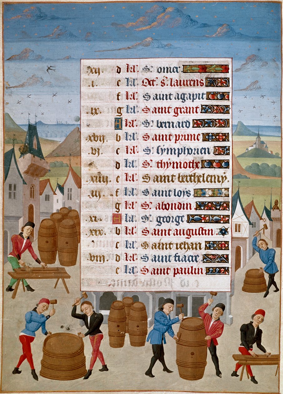 Calendar: August - Manufacture of wine barrels by Master Jean de Rolin (15th century) from 