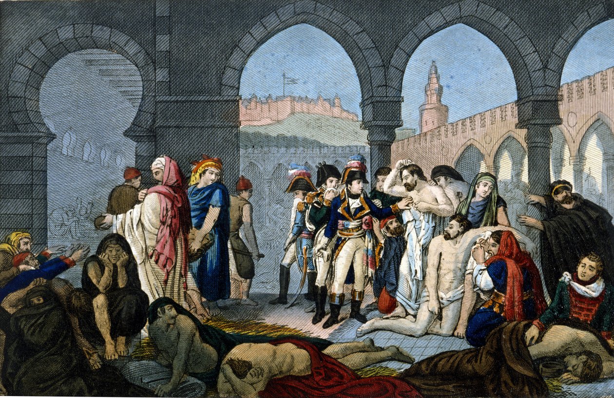 Campaign of Egypt: General Bonaparte visits the pestiferes hospital in Jaffa. Engraving 19th century by Unknown artist