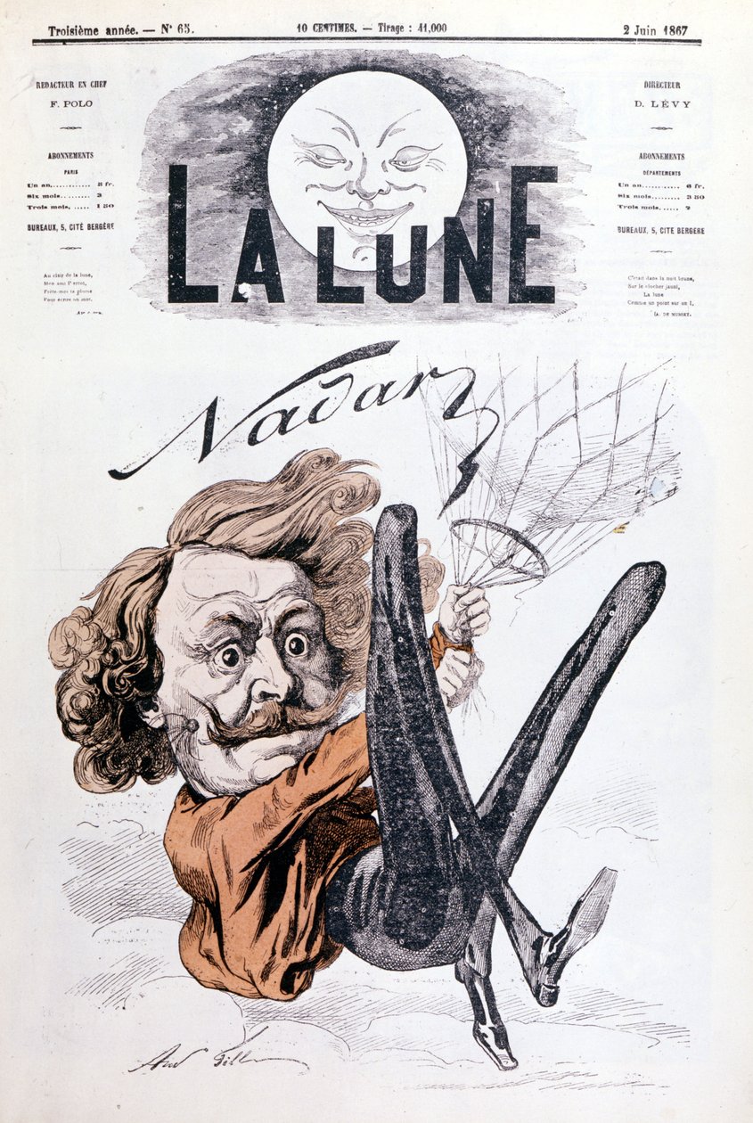 Caricature of Nadar (1820 - 1910) aeronaut. Cover of "The Moon" dated 2/06/1867 by Unknown artist