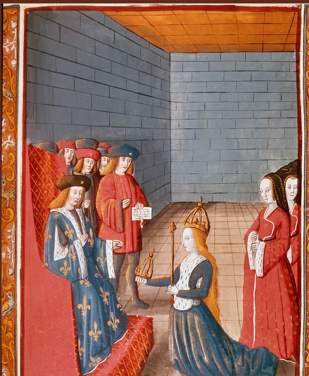 Carolingian king Charles II the Bald takes the head of the western empire at the death of his father Louis the Pious in 840. Miniature from 