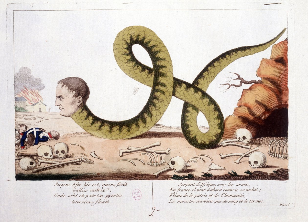 Cartoon about Napoleon I represented as a snake. Snake of Africa under arms, in France he first came to cover his nakedness; Scourge of homeland and humanity, the monster lived only with blood and tears. - in Napoleon I, caricatures, dummy collection. 1814 by Unknown artist
