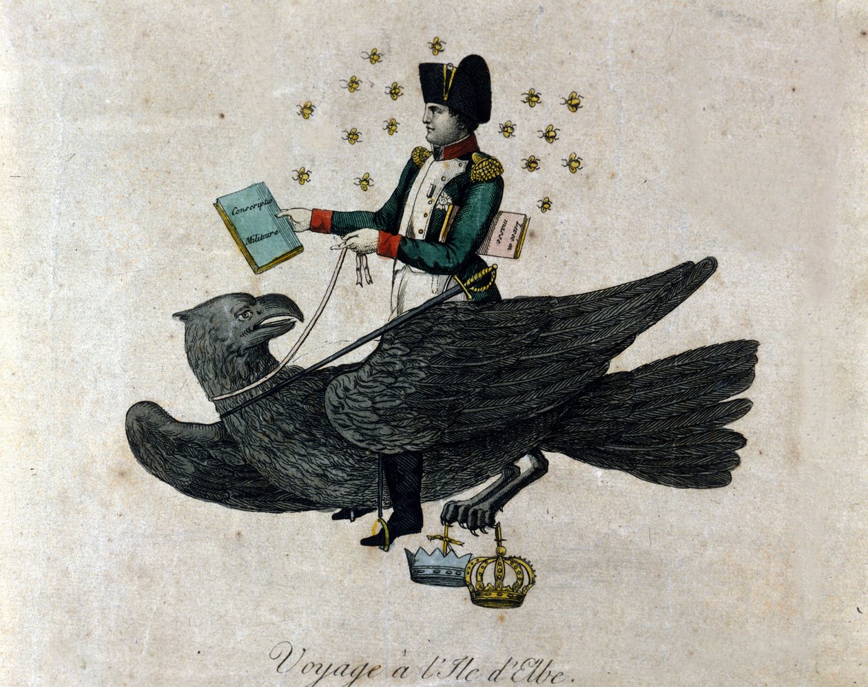 Cartoon about Napoleon about his exile on Elba Island. Napoleon on an eagle holds in his right hand a book entitled Military Conscription. Engraving of the period by Unknown artist