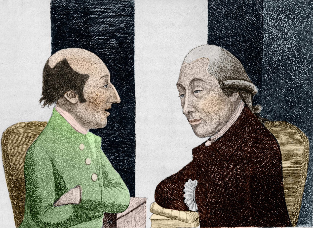 Cartoon by James Hutton (1726 - 1797) on the left and Joseph Black (1728 - 1799) on the right. Engraving early 19th century by Unknown artist