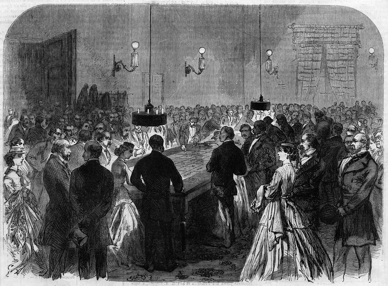 Casino games room in Germany in a water town. Engraving after Hogson
