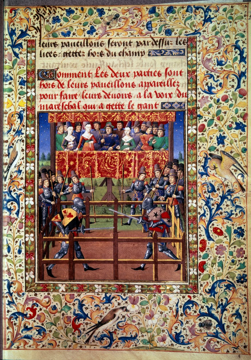 Ceremonies and ordinances as a pledge of battle: duel in closed field between two knights Miniature from a manuscript by Jean de Rolin (15th century) 1460 Paris, B.N. by Unknown artist