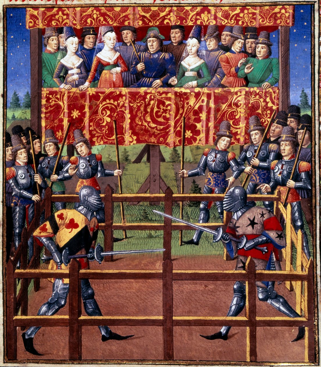 Ceremonies and ordinances as a pledge of battle: duel in closed field between two knights. Miniature from a manuscript by Jean de Rolin (15th century) 1460 Paris, B.N. by Unknown artist