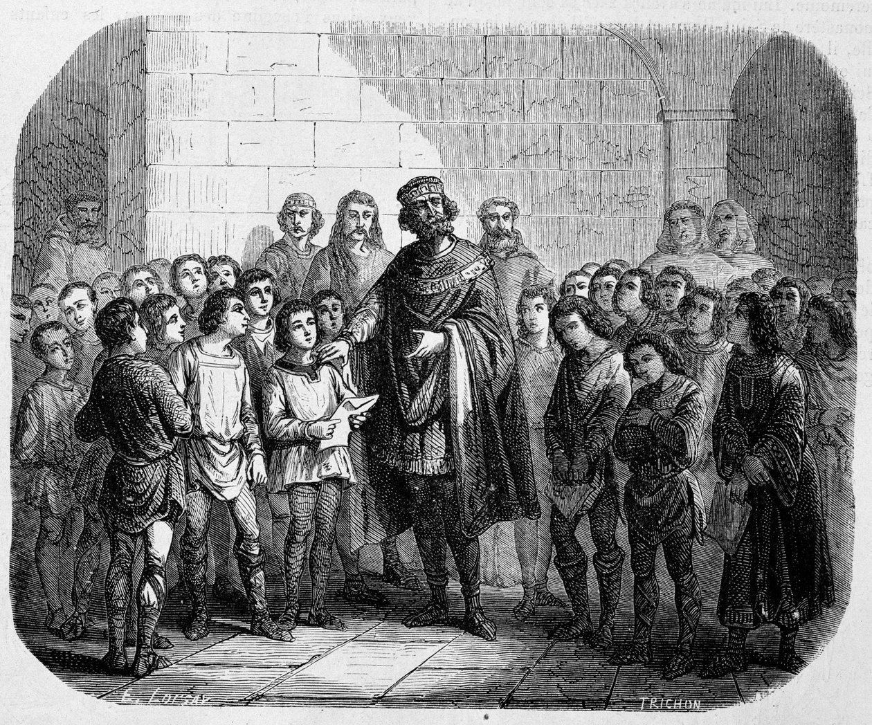 Charlemagne Visiting a School - in History of Popes, Kings, Queens, Emperors, Through the Centuries by Maurice Lachatre by Unknown artist