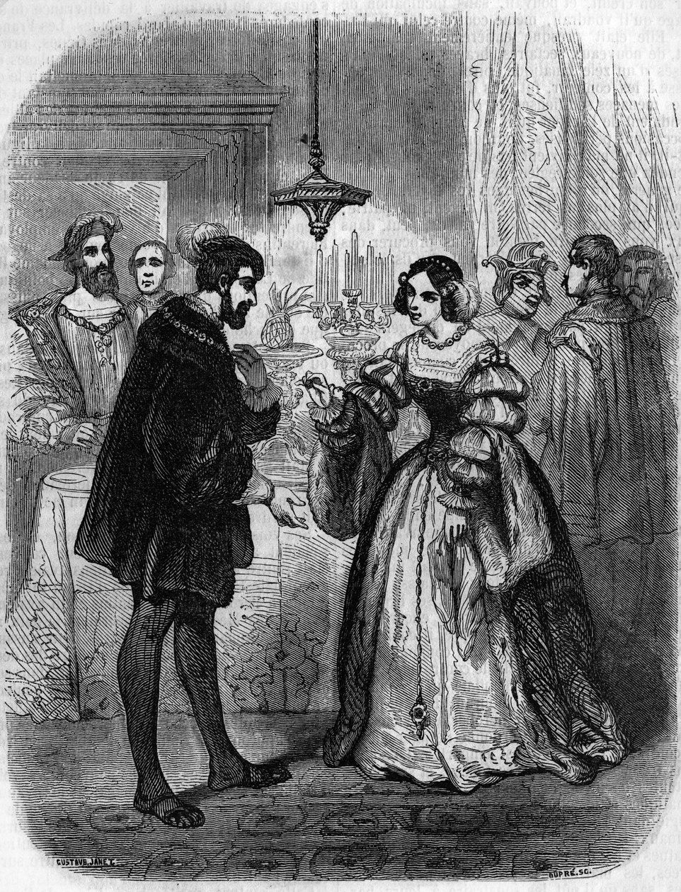 Charles V with Anne de Pisseleu, Duchess of Etampes, Mistress of Francois I Nicknamed La Belle Feronniere. Engraving of the 19th Century by Unknown artist