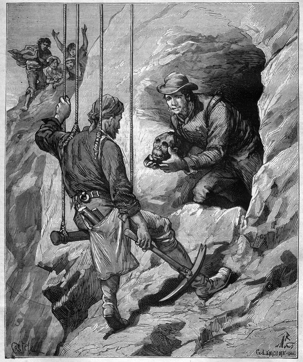 Charles Wiener (1851-1913), French explorer and diplomat exploring a burial cave of Peru (engraving in 