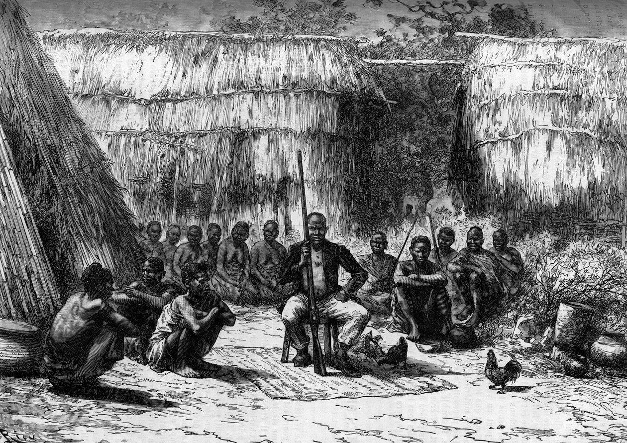 Chief Makoloko surrounds his court in Africa. Engraving in 