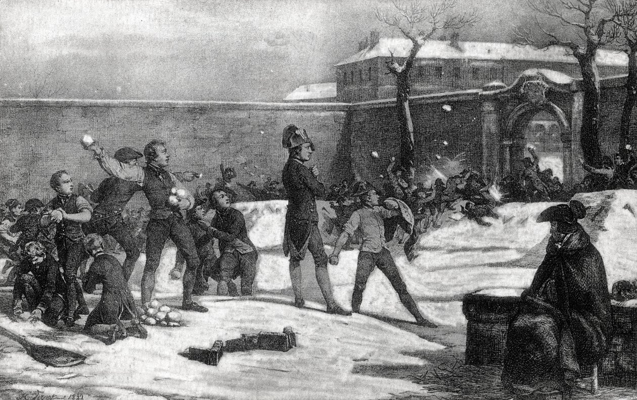 Childhood of Napoleon I Bonaparte (1769 - 1821) at the military school of Brienne le Chateau (Dawn) in 1782: Napoleon in the midst of a snowball battle between children. by Unknown artist