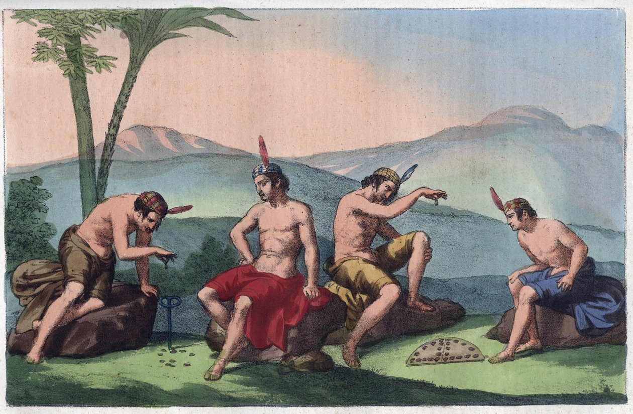 Chilean native Indians playing Queciu and Porotos, Chile - engraving from 