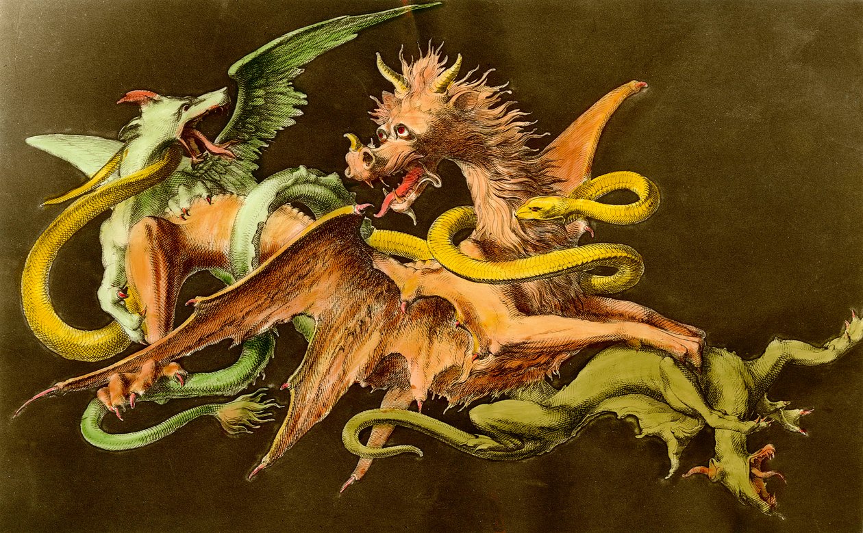 A dragon fighting two monsters by Unknown artist