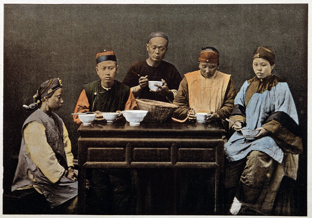 Chinese family eating - photochrome, late 19th century by Unknown artist