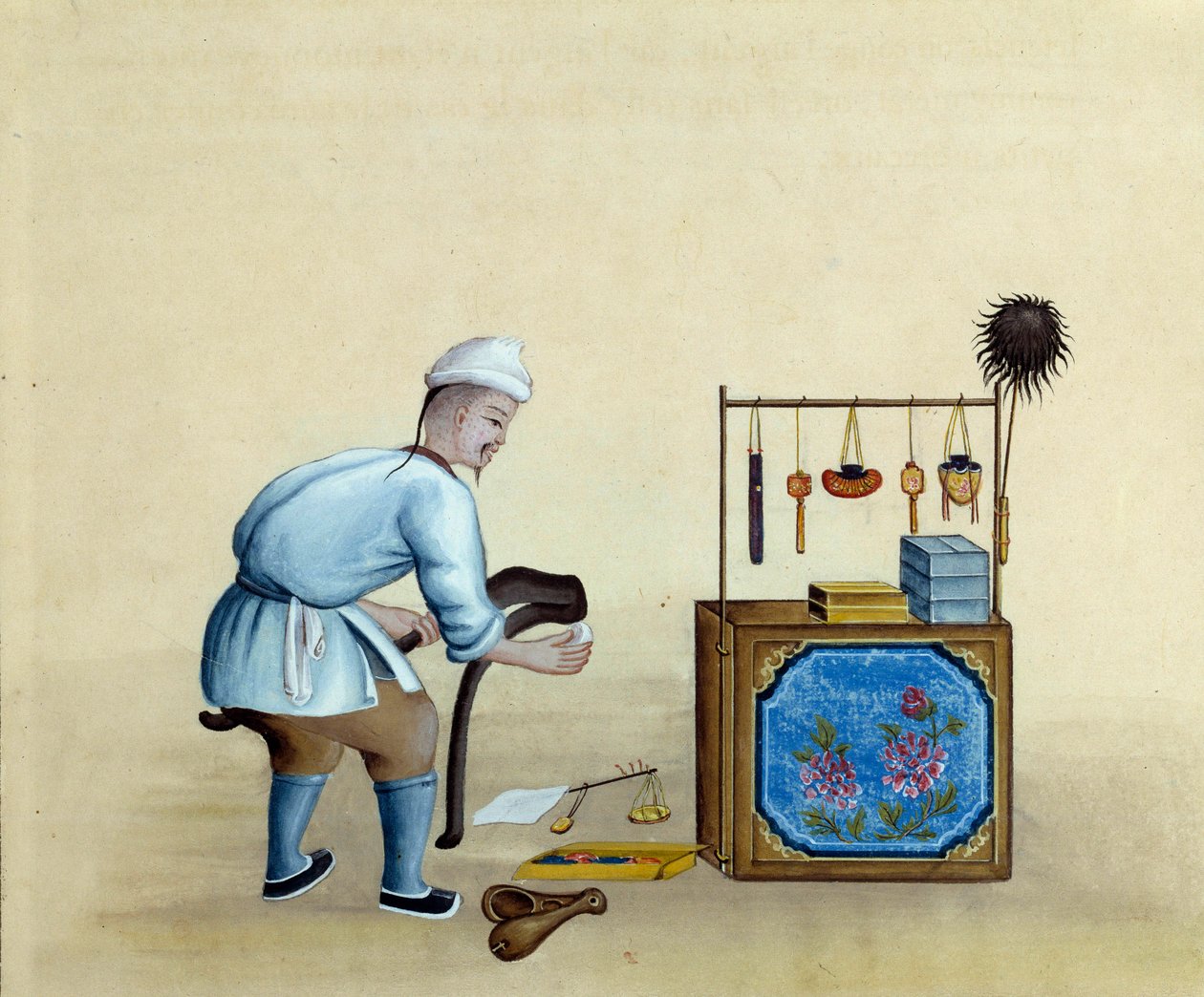 Chinese merchant sharpening scissors to cut silver ingots by Unknown artist