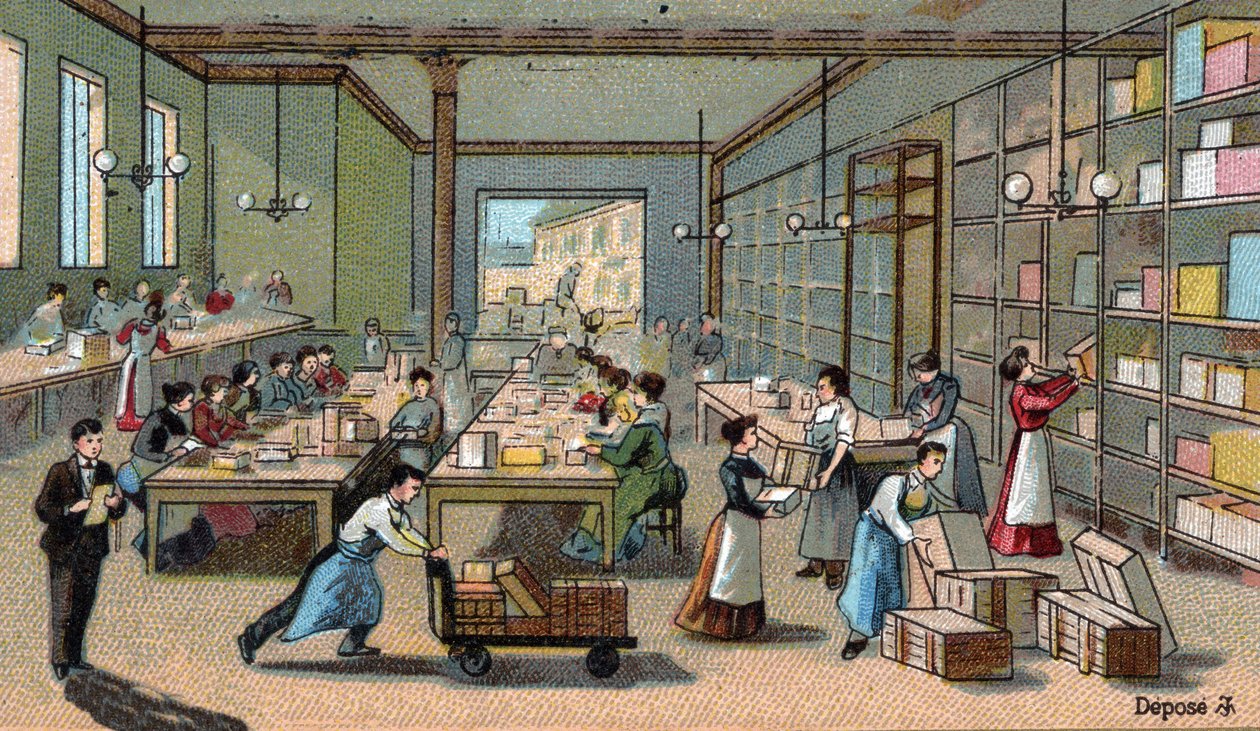 Chocolate manufacture: packaging, shipping. Chromolithography of the end of the 19th century by Unknown artist