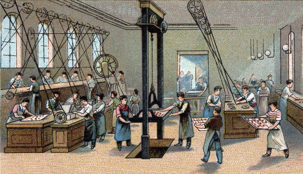 Chocolate manufacturing: molding. Chromolithography of the end of the 19th century by Unknown artist