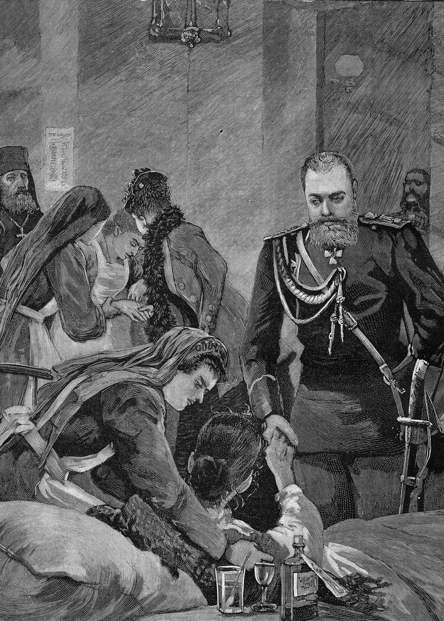 Cholera in Russia in 1892: Alexander III, Emperor of Russia and his wife Maria Feodorovna, Empress of Russia visit a hospital. Engraving from 1892 by Unknown artist