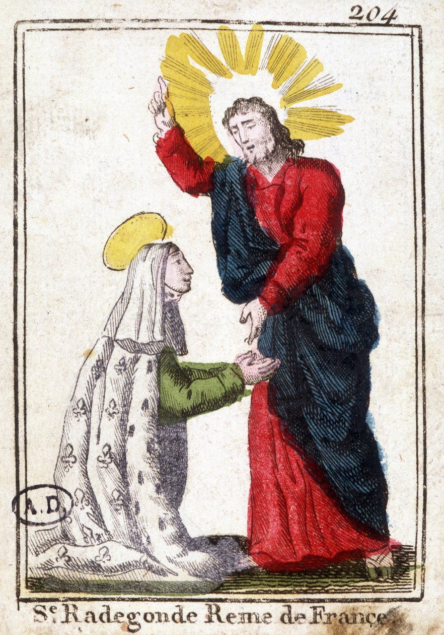 Christ and Saint Radegonde (ca. 520-587), Queen of France, wife of Clotaire I. Pious image. Engraving from the beginning of the 19th century by Unknown artist