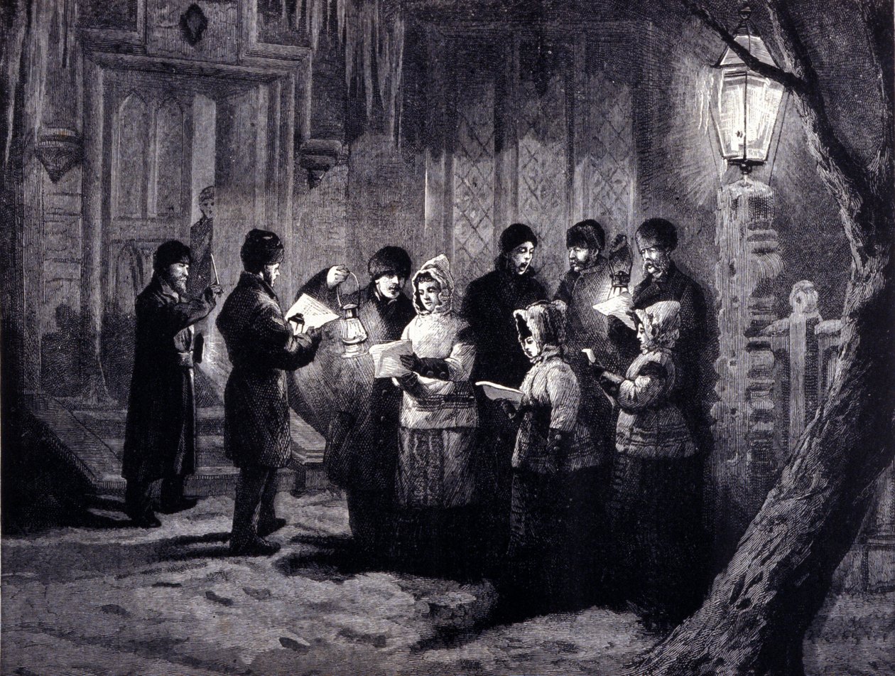 Christmas Night in Canada: readings and prayers. 19th century engraving by Unknown artist