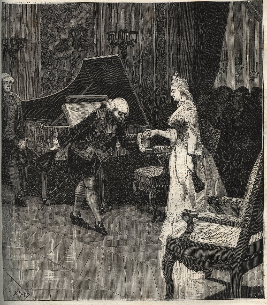 Christoph Willibald Gluck before the queen Marie-Antoinette at Trianon - Christoph Willibald Gluck (1714-1787), German composer playing in front of Queen Marie Antoinette at Trianon - engraving in Popular Music illustrated weekly newspaper - 1882 by Unknown artist