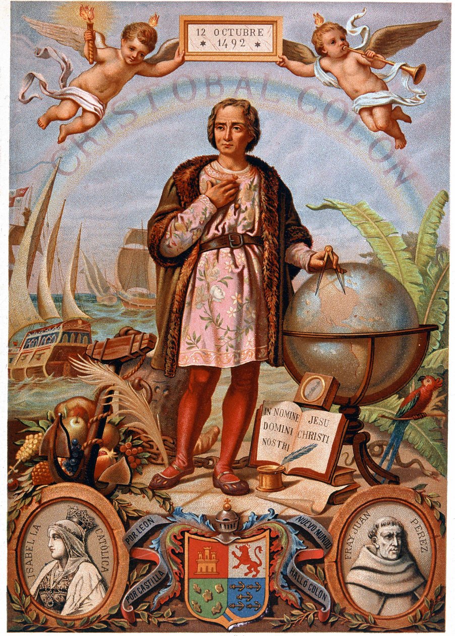Christopher Columbus. On the left, portrait of Isabella the Catholic, Queen of Castile (1451-1504). Spanish chromolithography of the 19th century by Unknown artist