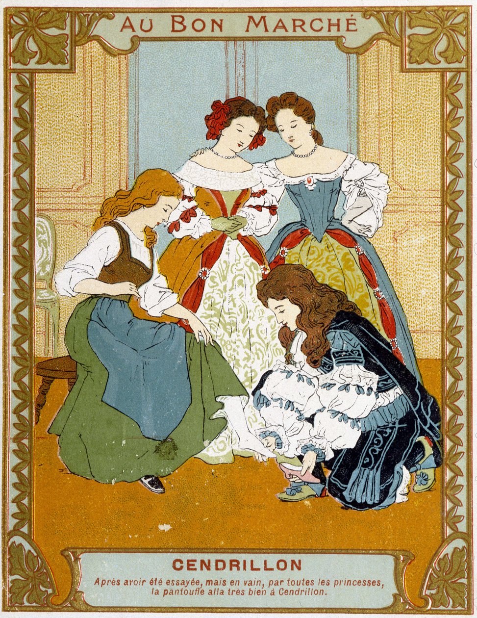 Cinderella tries the slipper of vair - Bon Marché advertising label by Unknown artist