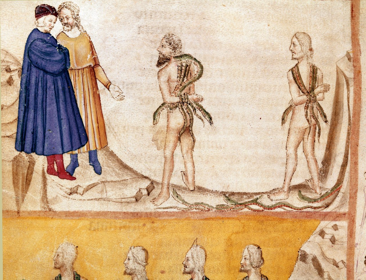 Circle of Thieves: Vanni Fucci predicted to Dante and Virgil the defeat of the White Guelfs. Illuminated page illustrating the 24th song of Hell from the 
