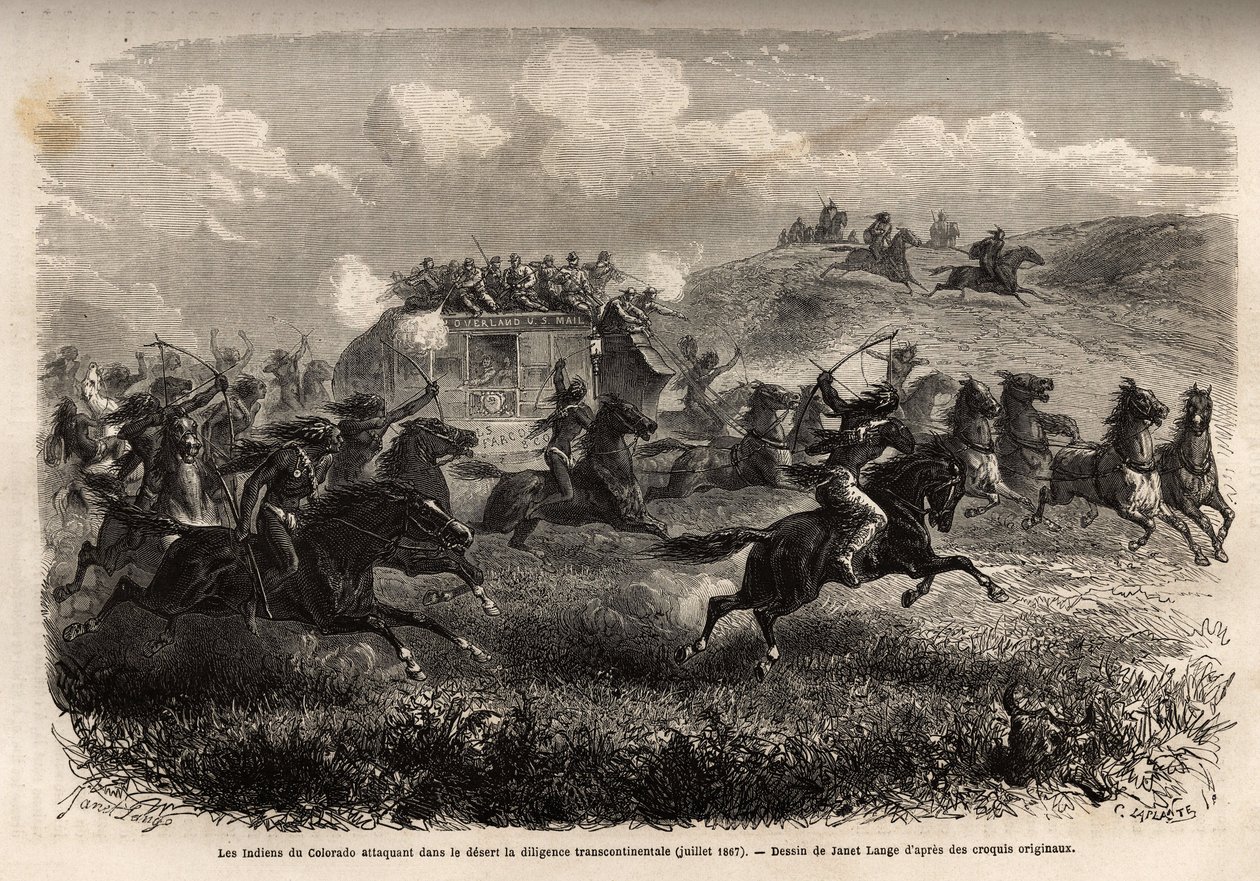 Colorado Indians attacking transcontinental diligence in the desert in July 1867. Engraving to illustrate the voyage to the far west American, by M. L. Simonin, in 1867, published in Le tour du monde, nouveau journal des voyages, edited by Edouard Charton by Unknown artist