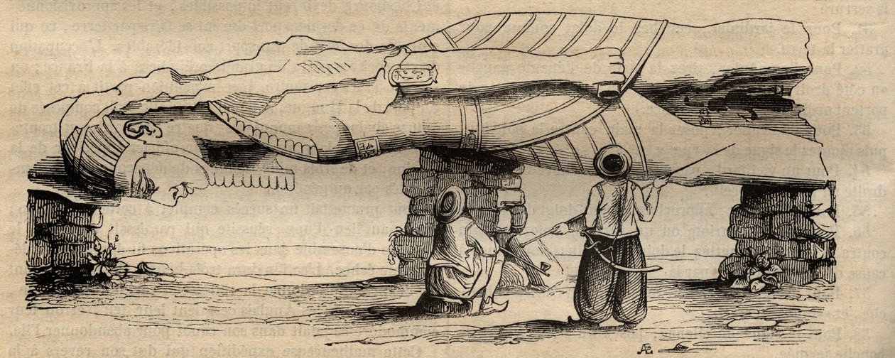 Colossus of Ramses II found in 1820, near the southern gate of the temple of Ptah located about thirty meters away, by the Italian traveler Giovanni Battista Caviglia - engraving of 1838 by Unknown artist
