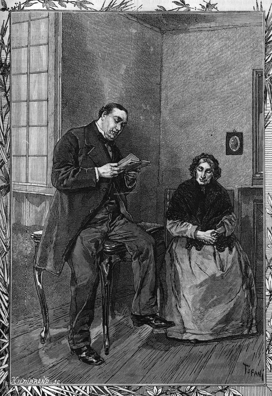 Comedian Moessard is reading to his wife. Engraving in the illustrious journal 
