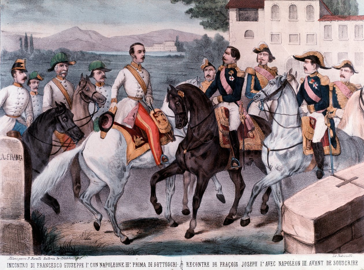 Conference of Villafranca, meeting between French emperor Napoleon III and Emperor Francis Joseph I, on the preliminary Austria peace (1859) by Unknown artist